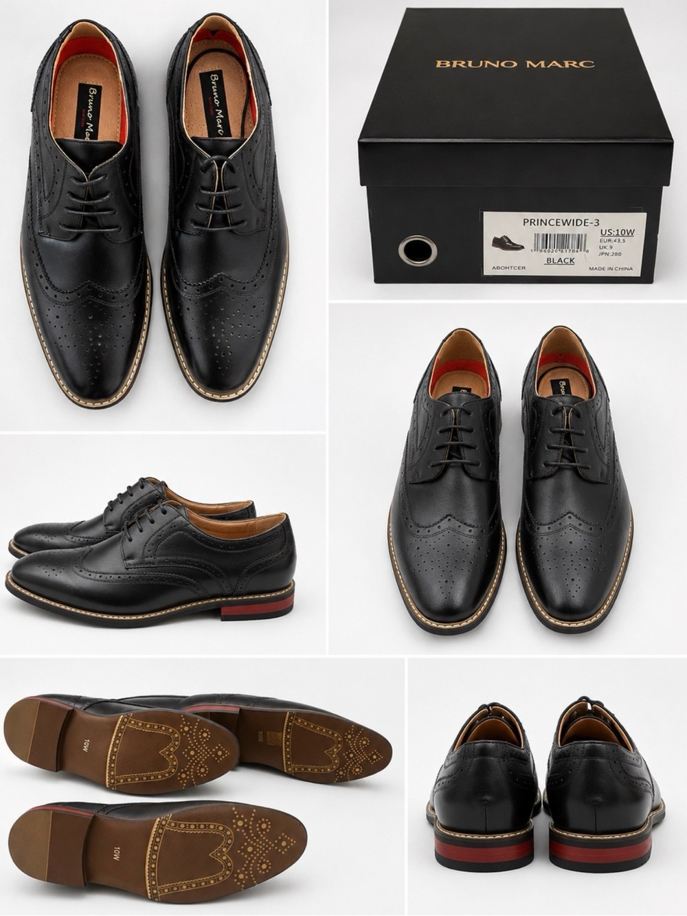 Bruno Marc Black Wingtip Oxfords with Red Heel Accent